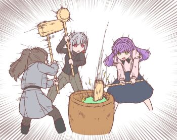 3girls black_boots black_pantyhose black_skirt black_sweater boots braid brown_hair colored_inner_hair commentary_request crown_braid emphasis_lines formal_clothes fujishima_megumi fujishima_megumi_(post-graduation) green_eyes grey_hair grey_jacket grey_pants grey_skirt holding holding_mallet jacket kine knee_boots link!_like!_love_live! long_hair love_live! mallet medium_skirt miniskirt mochitsuki mortar_(bowl) motion_lines multicolored_hair multiple_girls open_clothes open_jacket otomune_kozue otomune_kozue_(post-graduation) pants pantyhose pink_eyes pink_shirt pleated_skirt ponytail purple_hair red_hair red_streaks shiroyama-san shirt short_hair sidelocks simple_background skirt skirt_suit speed_lines streaked_hair suit sweater v-shaped_eyebrows virtual_youtuber white_background yugiri_tsuzuri yugiri_tsuzuri_(post-graduation)