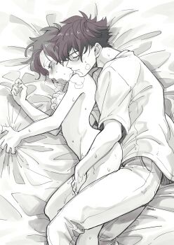 1boy 1girl artist_name bed_sheet blush borokouhek breasts closed_eyes clothed_male_nude_female commentary_request couple grabbing_another&#039;s_breast greyscale groping hand_on_another&#039;s_thigh heavy_breathing hetero highres kuroba_kaito lying magic_kaito monochrome nakamori_aoko nipples nude on_side open_mouth sex sex_from_behind sheet_grab short_hair short_sleeves side_part sketch small_breasts sweat tearing_up