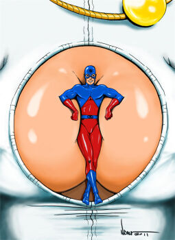 1boy 1girl belt between_breasts bodysuit boots breasts cleavage cleavage_cutout close-up clothing_cutout comic dc_comics gloves grin head_out_of_frame highres justice_society_of_america kryptonian large_breasts leotard lying mask person_between_breasts power_girl shiny_skin size_difference smile superman_(series) the_atom view_between_breasts watermark white_leotard