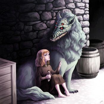 1girl animal artist_name bandaged_arm bandages barefoot barrel brown_dress child commentary_request crate doll dress extra_eyes extra_teeth fear_&amp;_hunger_(series) fear_&amp;_hunger_1 highres holding holding_doll lips medium_hair moonless_(fear_&amp;_hunger) on_floor orange_hair oversized_animal parted_lips sitting solo the_girl_(fear_&amp;_hunger) wolf yoshinaga_yuki