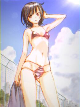 1girl arm_up armpits bikini black_hair boku_wa_tomodachi_ga_sukunai breasts character_request check_character check_copyright cloud commentary_request copyright_request day gluteal_fold groin highres holding lens_flare looking_at_viewer mikazuki_yozora multi-strapped_bikini_bottom navel parted_lips purple_bikini purple_eyes short_hair sky small_breasts solo standing string_bikini swimsuit watanabe_yoshihiro