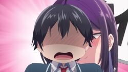 1boy 1girl animated anime_screenshot black_skirt blue_jacket blush breasts breasts_out clothes_lift colored_inner_hair convenient_censoring convenient_head groin hair_ribbon haite_kudasai_takamine-san jacket large_breasts long_sleeves multicolored_hair nipples no_bra no_panties open_clothes open_jacket open_mouth open_shirt purple_hair red_eyes ribbon school_uniform shirota_takashi shirt sidelocks skirt skirt_lift sound tagme takamine_takane thighs video white_ribbon white_shirt