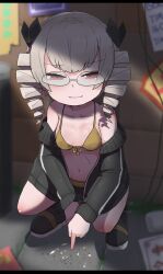 Rule 34 | 1girl, absurdres, bikini, bikini under clothes, black-framed eyewear, black footwear, black hoodie, blurry, blurry background, blush, breasts, cigarette butt, closed mouth, collarbone, commentary request, cookie (touhou), drill hair, front-tie bikini top, front-tie top, full body, glasses, grey hair, half-closed eyes, highres, hood, hood down, hoodie, looking at viewer, luna child, medium bangs, medium hair, navel, onaji (sokudo seigen), open clothes, open hoodie, riran youkyu, shoes, slav squatting, small breasts, smile, solo, squatting, swimsuit, touhou, twin drills, yellow bikini