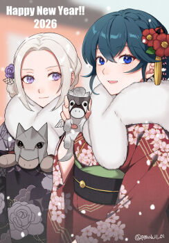 2026 2girls :d absurdres alternate_costume alternate_hairstyle black_kimono black_sash blurry blurry_background breasts chinese_zodiac commentary_request doll edelgard_von_hresvelg female_byleth_(fire_emblem) female_focus fire_emblem fire_emblem:_three_houses floral_print forehead happy_new_year highres japanese_clothes kimono looking_at_viewer medium_breasts multiple_girls nengajou new_year nintendo obi open_mouth purple_eyes red_kimono sash shamu_(peach11_01) smile upper_body white_hair year_of_the_horse
