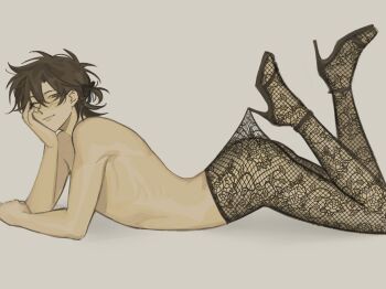 1boy antenna_hair ass black_hair black_pantyhose black_shoes blush brown_hair cheng_xiaoshi closed_mouth commentary crossdressing crossdressing_(mtf) english_commentary feet_up fishnet_pantyhose fishnets full_body grey_background hair_between_eyes hand_on_own_cheek hand_on_own_face head_rest high_heels highres lifting_own_clothes looking_at_viewer lying male_focus medium_hair nude nude_pantyhose on_stomach oyaamu pantyhose pantyhose_lift ponytail shiguang_dailiren shoes short_hair short_ponytail simple_background smile solo stiletto_heels topless_male unmoving_pattern