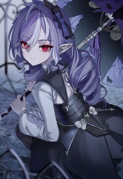 1girl absurdres ascot black_nails black_thighhighs bow bowtie closed_mouth commentary dress drill_hair english_commentary from_behind hair_between_eyes hair_ornament highres holding holding_umbrella long_hair looking_at_viewer mole mole_under_eye pointy_ears purple_ascot purple_bow purple_bowtie purple_hair purple_umbrella rain red_eyes ribbon sitting solo suyan thighhighs umbrella very_long_hair vivian_banshee zenless_zone_zero