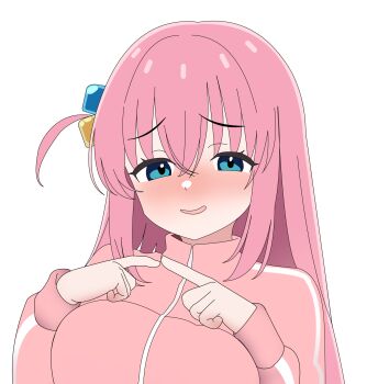 1girl blue_eyes blush bocchi_the_rock! breasts cube_hair_ornament gotoh_hitori hair_between_eyes hair_ornament highres jacket long_hair long_sleeves looking_at_viewer one_side_up open_mouth pink_hair pink_jacket pink_track_suit reisenzero side_ahoge simple_background smile solo track_jacket track_suit white_background