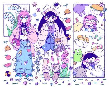 2727_onigiri 2girls :&lt; animal_ear_headphones animal_ears aubrey_(birthday)_(omori) aubrey_(faraway)_(omori) aubrey_(omori) bag black_eyes black_hair blue_bow blue_eyes blush boots bow braid bright_pupils brown_boots bun_bunny_(omori) character_doll chibi closed_mouth crop_top cup cupcake_bunny_(omori) denim doll double-parted_bangs drinking_straw dust_bunny_(omori) fake_animal_ears fish_bunny_(omori) flower food forest_bunny?_(omori) hair_between_eyes hair_bow hair_ornament hairclip handbag headphones hero_(faraway)_(omori) hero_(omori) holding holding_cup jacket jeans lily_of_the_valley long_hair long_sleeves looking_at_viewer low_twin_braids mari_(birthday)_(omori) mari_(faraway)_(omori) mari_(omori) multiple_girls navel omori open_mouth pancake pancake_bunny_(omori) pancake_stack pants parallel_hairclips pink_hair pink_jacket rabbit_ear_headphones rabbit_ears shoes slime_bunny_(omori) smile sneakers snow_bunny_(omori) sprout_bunny_(omori) sprout_mole stuffed_toy torn_clothes torn_jeans torn_pants twin_braids white_jacket white_pupils