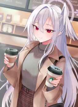 1girl absurdres alternate_costume bag belt black_bag blue_archive brand_name_imitation brown_belt brown_coat brown_skirt cafe casual closed_mouth coat commentary cup disposable_coffee_cup disposable_cup fingernails grey_sweater hair_between_eyes halo handbag head_wings highres holding holding_cup indoors jewelry light_blush light_smile long_hair looking_at_viewer mole mole_under_eye necklace open_clothes open_coat peroro_(blue_archive) plaid_belt plaid_clothes plaid_skirt purple_halo red_eyes ribbed_sweater single_head_wing single_wing skirt smile solo starbucks steam suzumi_(blue_archive) sweater tax_(zeita_gundam) turtleneck turtleneck_sweater white_hair wings