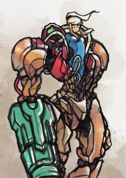 1girl alternate_size arm_cannon armor blonde_hair blue_bodysuit bodysuit cable closed_eyes closed_mouth commentary english_commentary mackle mecha mechanization metroid multicolored_armor nintendo orange_armor pauldrons ponytail power_armor power_suit power_suit_(metroid) red_armor robot samus_aran shoulder_armor sidelocks solo varia_suit weapon wire zero_suit