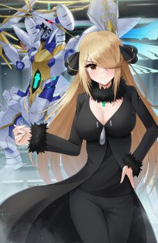 1girl black_coat black_pants black_shirt blonde_hair breasts chest_jewel cleavage coat core_crystal_(xenoblade) cosplay cynthia_(pokemon) cynthia_(pokemon)_(cosplay) doiparuni fusion garchomp garchomp_(cosplay) gen_4_pokemon hair_over_one_eye highres large_breasts monolith_soft mythra_(xenoblade) nintendo non-humanoid_robot pants pokemon pokemon_dppt possessed possession red_eyes robot robot_dragon shirt siren_(xenoblade) solo_focus xenoblade_chronicles_(series) xenoblade_chronicles_2 yellow_eyes