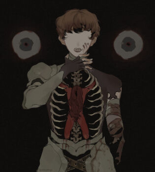 1boy 1girl absurdres amputee armless_amputee armor arms_up bandages belt black_background black_belt black_gloves black_shirt blood blood_on_armor blood_on_clothes blood_on_face bloody_bandages blue_eyes bone bowl_cut brown_hair clothed_female_nude_male colored_skin completely_nude convenient_censoring couter crossed_belts d'arce_(fear_&amp;_hunger) exposed_bone faceless faceless_female faulds fear_&amp;_hunger_(series) fear_&amp;_hunger_1 fingerless_gloves gloves gorget hair_censor hair_over_crotch hand_up hanging head_down highres knight le'garde_(fear_&amp;_hunger) long_hair looking_at_viewer loose_bandages missing_limb multiple_belts no_eyebrows nude open_mouth orange_hair pauldrons plate_armor red_skin rerebrace ribs shirt short_hair shoulder_armor signature simple_background single_fingerless_glove single_glove single_vambrace spine standing teeth thighs torn_bandages torn_clothes torn_shirt upper_body vambraces very_short_hair warrior