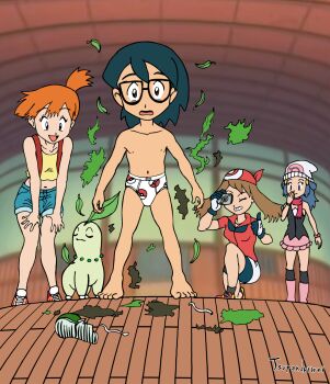 1boy 3girls age_difference armpits artist_request assisted_exposure bad_deviantart_id bad_id bad_source barefoot bedroom black_hair blush briefs brother_and_sister brown_hair bulge camera casual check_artist chikorita clenched_hands collarbone collared_shirt curious dark_green_hair dawn_(pokemon) dress embarrassed english_text facing_viewer feet full_body gen_1_pokemon gen_2_pokemon gen_3_pokemon gen_4_pokemon glasses gloves hand_to_own_mouth hands_up happy hat height_difference highres humiliation indoors kneeling laughing legs long_hair looking_at_another looking_at_viewer male_focus male_underwear max_(pokemon) may_(pokemon) medium_hair midriff misty_(pokemon) multiple_girls navel nintendo no_pants no_shirt open_mouth orange_hair pokemon pokemon_(anime) pokemon_(classic_anime) pokemon_(creature) pokemon_rse_(anime) print_briefs print_clothes print_male_underwear print_underwear shirt shoes short_hair short_shorts shorts shota siblings side_bangs side_ponytail sidelocks skirt sneakers soles speech_bubble standing surprised t-shirt thighs toes torn_clothes tsupanderwei tsupy underwear underwear_only unworn_footwear white_briefs white_headwear wooden_floor
