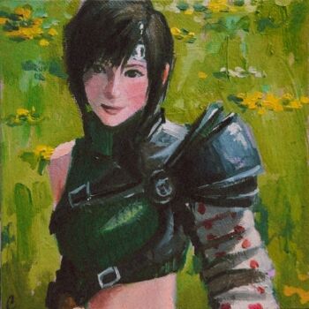1girl armor black_eyes black_hair blush breasts canvas_texture chest_harness claiire closed_mouth commentary cropped_sweater english_commentary final_fantasy final_fantasy_vii flower forehead_protector grass green_headband green_sweater harness headband lips medium_breasts midriff outdoors painting_(medium) pauldrons ribbed_sweater shoulder_armor single_bare_shoulder single_pauldron sleeveless sleeveless_sweater sleeveless_turtleneck smile solo sweater swept_bangs traditional_media turtleneck turtleneck_sweater upper_body yellow_flower yuffie_kisaragi