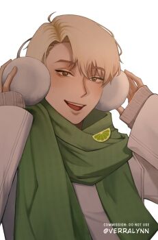 1boy :d adjusting_clothes adjusting_headwear aegyo_sal blonde_hair brown_eyes earmuffs food fruit green_scarf hands_up highres lee_hakhyun lemon lemon_slice looking_at_viewer male_focus omniscient_reader&#039;s_viewpoint open_mouth scarf short_hair smile solo sweater teeth upper_body upper_teeth_only verralynn