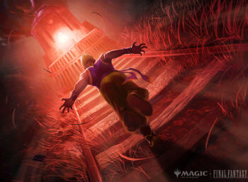 1boy absurdres blonde_hair fangxinyu fighting_stance final_fantasy final_fantasy_vi from_behind grass highres incoming_attack magic:_the_gathering official_art on_railroad_tracks phantom_train railroad_tracks running sabin_rene_figaro sash sleeveless train waist_sash