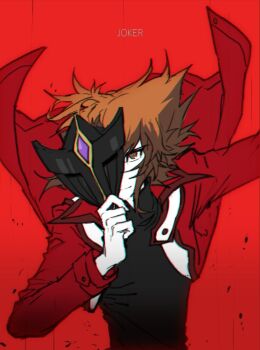 1boy arm_out_of_frame bad_id bad_twitter_id black_mask black_shirt brown_eyes brown_hair coat colored_skin covering_face covering_one_eye english_text facing_viewer hair_slicked_back high_contrast highres holding holding_mask looking_ahead male_focus mask midair momentcorefly open_clothes open_coat outstretched_arm paint_splatter popped_collar red_background red_coat shirt upper_body water_drop white_skin white_trim wind yu-gi-oh! yu-gi-oh!_gx yuki_judai