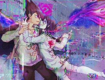 Rule 34 | 2boys, ?, abstract background, arm belt, arrow (projectile), arrow in body, belt, black scarf, blood, blood drip, blood from mouth, blood stain, chain, checkered clothes, checkered scarf, coat, coat on shoulders, collarbone, collared coat, collared jacket, commentary request, cowboy shot, criss-cross back-straps, cross-laced jacket, danganronpa (series), danganronpa v3: killing harmony, delidelidelic, disembodied eye, facial hair, false smile, fang, flame print, foot out of frame, glitch, goatee, grey background, grey jacket, grey shoes, grin, hair between eyes, injury, jacket, knee up, lapels, long hair between eyes, long sleeves, momota kaito, multicolored shoes, multiple belts, multiple boys, nostrils, notched lapels, oma kokichi, open clothes, open jacket, pale skin, pants, pectoral cleavage, pectorals, pink blood, pointy nose, print shirt, purple coat, purple eyes, purple hair, purple pants, purple shoes, scarf, shirt, shoes, short hair, smile, space print, spiked hair, spoilers, starry sky print, thigh belt, thigh strap, torn clothes, torn jacket, two-sided coat, two-sided fabric, two-tone scarf, two-tone shoes, white belt, white jacket, white pants, white scarf, white shirt, wrist belt, yaoi