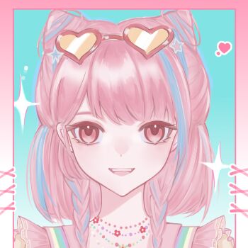 1girl absurdres aegyo_sal aqua_background bead_necklace beads blue_hair border braid cone_hair_bun dot_nose double_bun eyelashes eyeliner eyewear_on_head flower flower_necklace frilled_vest frills gradient_border gusangyin hair_bun happy heart highres infinity_nikki jewelry light_blush long_hair looking_at_viewer makeup multicolored_hair necklace nikki_(series) open_mouth pink_border pink_eyeliner pink_eyes pink_hair pink_vest print_vest rainbow_print red-framed_eyewear red_flower ribbon-trimmed_vest shirt smile solo sparkle straight-on streaked_hair sunglasses sweet_rhapsody_(infinity_nikki) teeth tinted_eyewear twin_braids two-tone_border two-tone_hair upper_body upper_teeth_only vest white_border y2k_fashion yellow-tinted_eyewear yellow_shirt