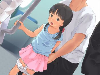 1boy 1girl age_difference anyannko black_hair black_pants blue_bow blue_shirt blurry blurry_background blush bow brown_eyes bulge chikan clothes_pull cowboy_shot dutch_angle erection erection_under_clothes flat_chest groping hair_bobbles hair_ornament head_out_of_frame hetero loli molestation musical_note musical_note_print open_mouth original panties pants panty_pull pink_skirt polka_dot polka_dot_panties polka_dot_underwear print_clothes print_panties print_underwear public_indecency shirt shirt_bow short_sleeves size_difference skirt source_request t-shirt tagme teeth train train_interior twintails underwear upper_teeth_only vehicle vehicle_interior white_panties white_shirt