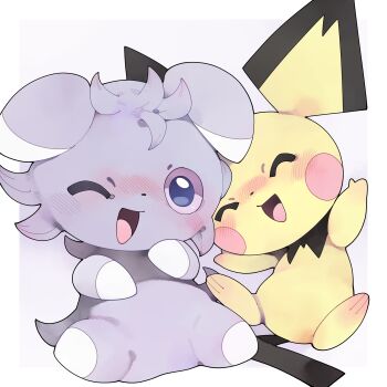 ^_^ absurdres animal_focus blue_eyes blush closed_eyes commentary_request espurr gen_2_pokemon gen_6_pokemon highres nintendo no_humans open_mouth pichu pokemon pokemon_(creature) simple_background white_background youjo_modoki