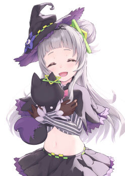 1girl :d arched_bangs backlighting black_capelet black_hat black_skirt blush bow bowtie brown_gloves capelet closed_eyes commentary_request cowboy_shot creature cropped_shirt facing_viewer gloves grey_hair grey_shirt hair_bun hairband hat highres holding holding_creature hololive long_hair long_sidelocks long_sleeves lowleg lowleg_skirt midriff mini_hat mini_witch_hat miniskirt murasaki_shion murasaki_shion_(1st_costume) navel okachi_yuu open_mouth overexposure pink_bow pink_bowtie purple_capelet shiokko_(murasaki_shion) shirt short_eyebrows side_up_bun sidelocks single_side_bun skirt smile solo stomach striped_clothes striped_shirt tilted_headwear vertical-striped_clothes vertical-striped_shirt virtual_youtuber witch_hat