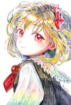 1girl ascot black_dress blonde_hair closed_mouth dress highres long_sleeves looking_at_viewer medinki medium_hair red_ascot red_eyes rumia shirt signature simple_background solo touhou traditional_media white_background white_shirt