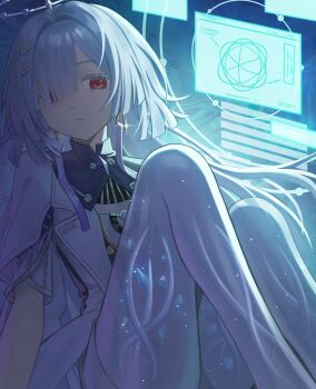 1girl absurdres closed_mouth colored_eyelashes commentary_request dalmo_(pafe2444) earrings eyes_visible_through_hair grey_hair hair_over_one_eye halo highres holographic_interface holographic_monitor jacket jewelry knees_up long_hair looking_at_viewer mornye_(wuthering_waves) red_eyes see-through_body solo thighs triangle_earrings white_jacket wuthering_waves