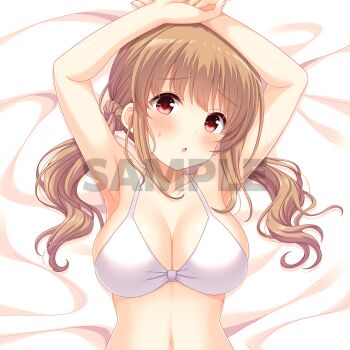 1girl :o armpits arms_up bikini blush breasts brown_hair cleavage dakimakura_(medium) girlfriend_(kari) large_breasts long_hair looking_at_viewer navel official_art red_eyes sakaida_natsumi sample_watermark second-party_source small_sweatdrop solo swimsuit twintails upper_body watermark white_bikini