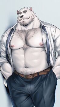 1boy animal_ears another_eidos-r bara bare_pectorals bear_boy bear_ears beard belt blue_necktie blue_pants brown_belt bulge chest_tuft collared_shirt cowboy_shot facial_hair furry furry_male gamubear grey_background hand_in_pocket highres large_pectorals looking_at_viewer loose_necktie male_focus muscular muscular_male mustache navel navel_hair necktie open_clothes open_shirt pants pectorals scar scar_across_eye scar_on_face shirt sigvaldi_(another_eidos) simple_background solo strongman_waist thick_eyebrows thick_neck white_fur white_shirt
