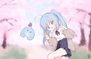 1girl :o absurdres ahoge arahashi_tabi black_ribbon black_skirt blue_eyes blue_hair blurry blurry_background brown_cardigan cardigan cardigan_partially_removed cherry_blossoms collared_shirt commentary_request cowboy_shot creature day depth_of_field double-parted_bangs double_v electromocha eous_(zenless_zone_zero) hands_up highres korean_commentary leg_up long_hair looking_at_viewer miniskirt multicolored_hair neck_ribbon outdoors pleated_skirt pungdangi_(arahashi_tabi) ribbon school_uniform shirt shirt_tucked_in skirt solo standing stellive streaked_hair twintails v v-shaped_eyebrows virtual_youtuber white_shirt wing_collar