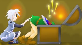 blue_eyes boots genius_sage link nintendo quality shield shota silver_hair squatting tales_of_(series) tales_of_symphonia the_legend_of_zelda treasure_chest