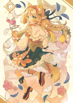 Rule 34 | 1girl, :3, :d, animal ear fluff, animal ears, back bow, black shoes, blonde hair, blush, bow, braid, commentary, food, food on face, frilled skirt, frilled socks, frills, fruit, full body, green bow, green eyes, green skirt, hair bow, hairband, highres, holding, holding food, holding fruit, kneehighs, long hair, open mouth, orange hairband, orange socks, original, pear, pleated skirt, shoes, sidelocks, skirt, smile, socks, solo, symbol-only commentary, tail, tsukumi bis, twitter username, wolf ears, wolf girl, wolf tail
