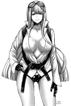 1girl black_gloves black_scarf blonde_hair breasts cleavage curvy digimon digimon_story:_cyber_sleuth eyewear_on_head gloves greyscale kuremi_kyouko large_breasts lips long_hair looking_at_viewer monochrome pink-tinted_eyewear print_scarf scarf shiny_skin shirt shorts simple_background smile solo sunglasses tinted_eyewear white_background white_shirt wide_hips yoshida_inuhito