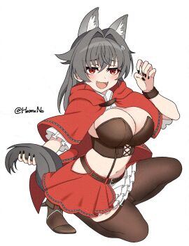 1girl animal_ears black_nails black_pantyhose boots breasts brown_boots brown_bustier bustier capelet cleavage grey_hair hair_intakes halloween_costume hamuno highres jingei_(kancolle) jingei_kai_(halloween)_(kancolle) kantai_collection large_breasts long_hair nail_polish pantyhose red_capelet red_eyes shrug_(clothing) simple_background smile solo tail white_background white_shrug wolf_ears wolf_tail