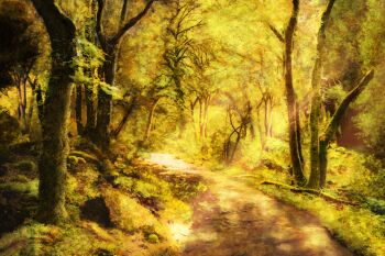 absurdres chinese_commentary commentary_request day forest highres nature no_humans original outdoors path road scenery tree yellow_theme zaq_(pgvc4472)