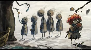 1girl bag boat coin coin_purse death hair_bobbles hair_ornament handbag koto_inari letterboxed onozuka_komachi queue red_hair short_hair speech_bubble thought_bubble ticket touhou twintails two_side_up watercraft