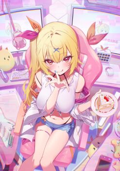 1girl blonde_hair blue_shorts blush breasts cake chair closed_mouth computer computer_keyboard controller crop_top electric_guitar equal_(heartstrings) eyebrows_hidden_by_hair food from_above game_controller gaming_chair guitar hair_between_eyes handheld_game_console heart heart_in_eye heterochromia highres holding holding_plate hoshikawa_sara hoshikawa_sara_(1st_costume) instrument knees_together_feet_apart large_breasts licking long_hair looking_at_viewer looking_up microphone monitor nail_polish naughty_face navel nijisanji orange_eyes plate red_eyes shirt short_shorts shorts side_ponytail sitting smile solo stomach swivel_chair symbol_in_eye thigh_strap virtual_youtuber white_shirt