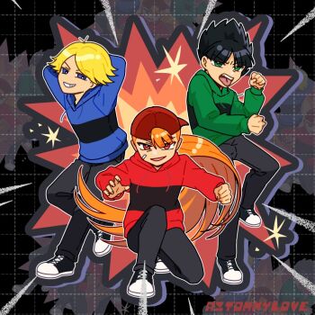 Rule 34 | 3boys, aitommylove, antenna hair, arms behind head, artist name, black background, black hair, black pants, black shoes, blonde hair, blue hoodie, blunt bangs, boomer (ppg), brick (ppg), brothers, butch (ppg), clenched hands, explosion, explosion background, full body, green hoodie, grid background, grin, group pose, hood, hoodie, kneeling, long hair, long sleeves, looking at viewer, male focus, multiple boys, open hand, open mouth, orange hair, pants, parted bangs, powerpuff girls, red hoodie, rowdyruff boys, shoes, short hair, siblings, side-by-side, smile, smirk, sneakers, spiked hair, standing, tongue, tongue out, very long hair, white shoes