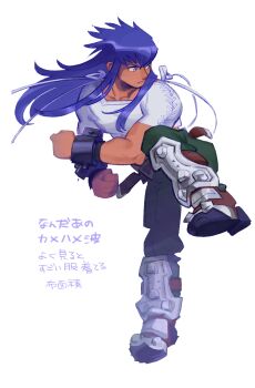 1boy armored_boots boots collarbone commentary_request cuffs full_body green_pants highres kicking kumedaira looking_to_the_side male_focus pants purple_hair regal_bryan shackles shirt simple_background solo tales_of_(series) tales_of_symphonia white_background white_shirt