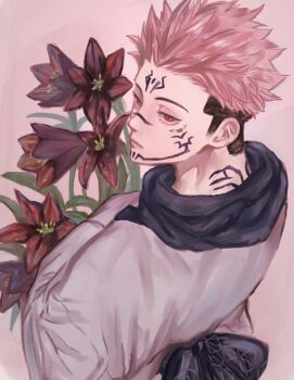 1boy black_hair body_markings closed_mouth extra_eyes facial_mark flower forehead_mark from_above japanese_clothes jujutsu_kaisen male_focus misejyuk multicolored_hair pink_hair red_eyes red_flower ryoumen_sukuna_(jujutsu_kaisen) short_hair simple_background solo spiked_hair two-tone_hair