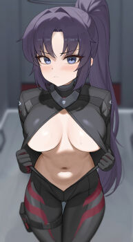 1girl absurdres alternate_costume black_bodysuit black_halo blue_archive bodysuit breasts commentary cosplay halo heine_(haloo1101) highres impossible_bodysuit impossible_clothes latex latex_bodysuit long_hair looking_at_viewer mechanical_halo navel official_alternate_hairstyle open_bodysuit open_clothes ponytail purple_eyes purple_hair rio_(armed)_(blue_archive) rio_(blue_archive) rio_(blue_archive)_(cosplay) skin_tight solo symbol-only_commentary yuuka_(blue_archive)