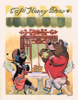 1boy 1girl animal_ear_fluff animal_nose argyle_clothes argyle_thighhighs awning bead_necklace beads bear bear_boy bear_tail beckyandfrank bee black_fur black_shoes blue-framed_eyewear blue_shoes boater_hat body_fur brown_fur bug cafe cat cat_girl cat_tail chair claws closed_eyes colored_sclera commentary dress english_commentary food formal_clothes furry furry_female furry_male glasses hat hat_feather hat_ribbon holding honey insect jewelry necklace on_chair original pancake pancake_stack pants red_dress red_suit ribbon shoes sitting snout suit table tablecloth tail tulip_hat white_hat white_pants window yellow_sclera