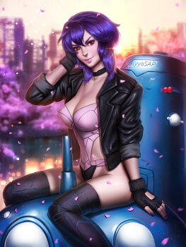 1girl ayya_sap breasts cleavage cyborg female_focus ghost_in_the_shell ghost_in_the_shell:_stand_alone_complex gloves jacket kusanagi_motoko leotard lips purple_hair red_eyes short_hair sitting smile solo tachikoma thighhighs