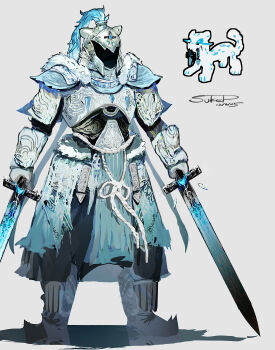 Rule 34 | absurdres, armor, chien-pao, commentary request, dated, dual wielding, grey background, highres, holding, nintendo, personification, pokemon, pokemon (creature), reference inset, shadow, signature, sukepmonster, sword, weapon