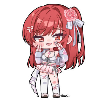 1girl asymmetrical_legwear blush_stickers breasts cleavage double_v flower full_body goddess_of_victory:_nikke grey_jacket hair_flower hair_ornament idol_clothes inesia jacket long_hair long_sleeves matching_hair/eyes midriff off_shoulder official_alternate_costume pink_skirt pleated_skirt rapi_(red_hood)_(nikke) rapi_(red_hood)_(shining_light)_(nikke) red_eyes red_hair simple_background skirt socks solo standing thighhighs v white_background white_socks white_thighhighs