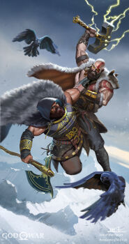 2boys axe bald bird cape cloud commentary crow english_commentary fighting fur-trimmed_cape fur_trim glowing glowing_eyes god_of_war_ragnarok hammer highres holding holding_axe hood hoodie kratos_(god_of_war) male_focus mountainous_horizon multiple_boys muscular muscular_male red_hair ronniewang simple_background snow strangling thor_(god_of_war)