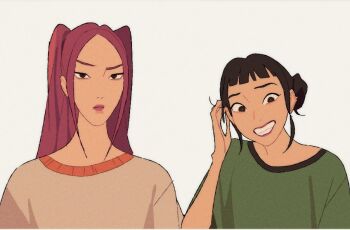 2girls black_hair blunt_bangs clenched_teeth closed_mouth double_bun earrings furrowed_brow green_shirt hair_bun hand_in_own_hair jewelry kpop_demon_hunters looking_at_viewer mira_(kpop_demon_hunters) multiple_girls nervous_smile onasugar parted_bangs parted_lips pink_hair shirt short_bangs smile teeth twintails upper_body white_background white_shirt zoey_(kpop_demon_hunters)