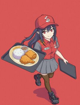 Rule 34 | 1girl, absurdres, arknights, baseball cap, birdscarf, black hair, black shoes, brown thighhighs, chicken (food), closure (arknights), collared shirt, commentary, english commentary, food, fried chicken, full body, grey shirt, grey skirt, hat, highres, holding, holding tray, jollibee, looking at viewer, looking up, pleated skirt, pointy ears, red background, red eyes, red hat, red shirt, rice, shadow, shirt, shirt tucked in, shoes, short sleeves, simple background, skirt, smile, solo, thighhighs, tray, two-tone shirt, zettai ryouiki