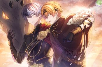 2boys aoyagi_touya artist_name black_gloves blue_hair closed_mouth colorful_festival_(project_sekai) commentary_request creature dragon earrings flower gloves hair_between_eyes hand_up headband highres jewelry looking_at_another male_focus multicolored_hair multiple_boys never_give_up_cooking!_(project_sekai) nozu63 official_alternate_costume official_alternate_hairstyle open_mouth orange_eyes orange_hair project_sekai rose shinonome_akito short_hair sideways_glance smile split-color_hair stud_earrings two-tone_hair upper_body